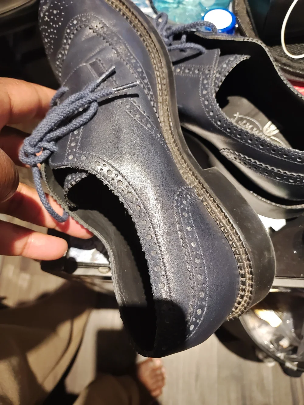 Men's Navy Leather Wingtip Derby Shoes - Classic Brogue Finish